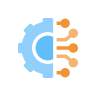 Blue gear icon with orange AI illustrations