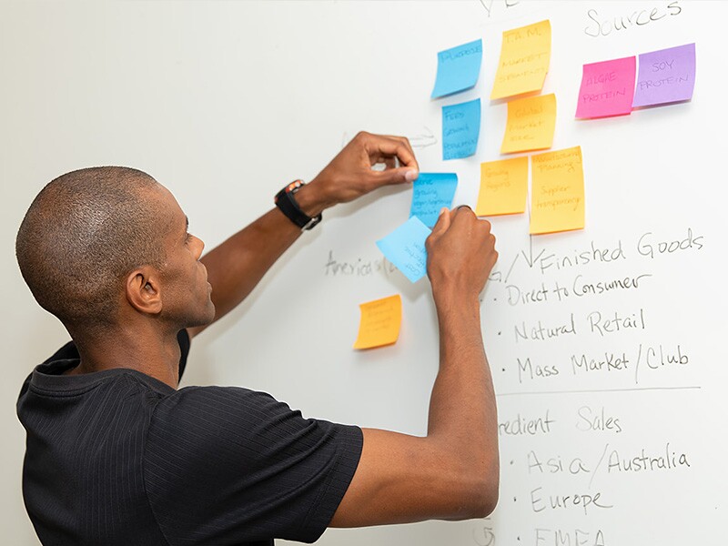 Man at whiteboard writing notes and placing sticky notes