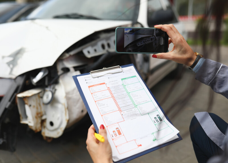 Woman holding clip board appraises a damaged car using her smartphone