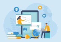 business online education and E-learning at home by webinar training and design for Webinar, online video training, tutorial podcast and business coaching concept. flat vector illustration design