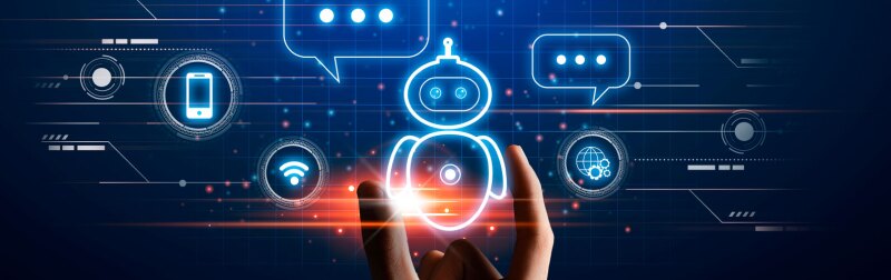 Concept of fingers holding a glowing icon for a Chat bot.