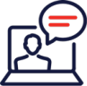 Laptop displaying person next to speech bubble