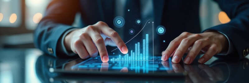 Photo of man analyzing digital graphs on tablet.