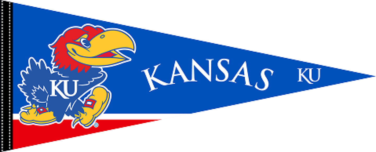 Blue University of Kansas pennant flag featuring the Jayhawk mascot and Kansas text in white.