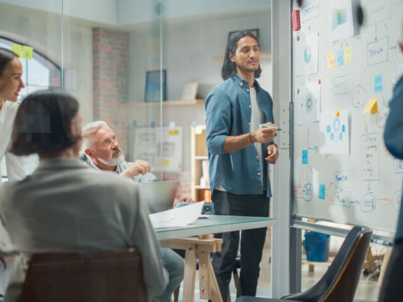 Group of colleagues in modern office collaborating in front of whiteboard