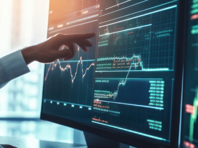 Professional points at charts on a sleek-looking computer screen.