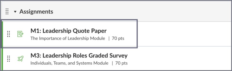 Screenshot of assignments list in Canvas.