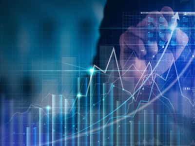 Businessman working with modern computer virtual dashboard analyzing finance sales data and economic growth chart and block chain technology.