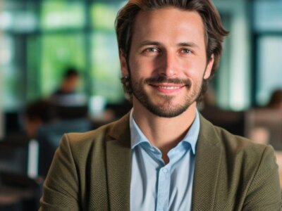 Confident young business professional in a modern office.