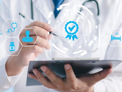 Medical professional with industry and compliance icons