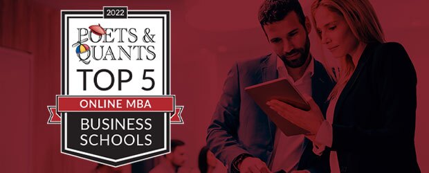 Next to the Poets & Quants logo, two people in business attire look at a tablet screen.