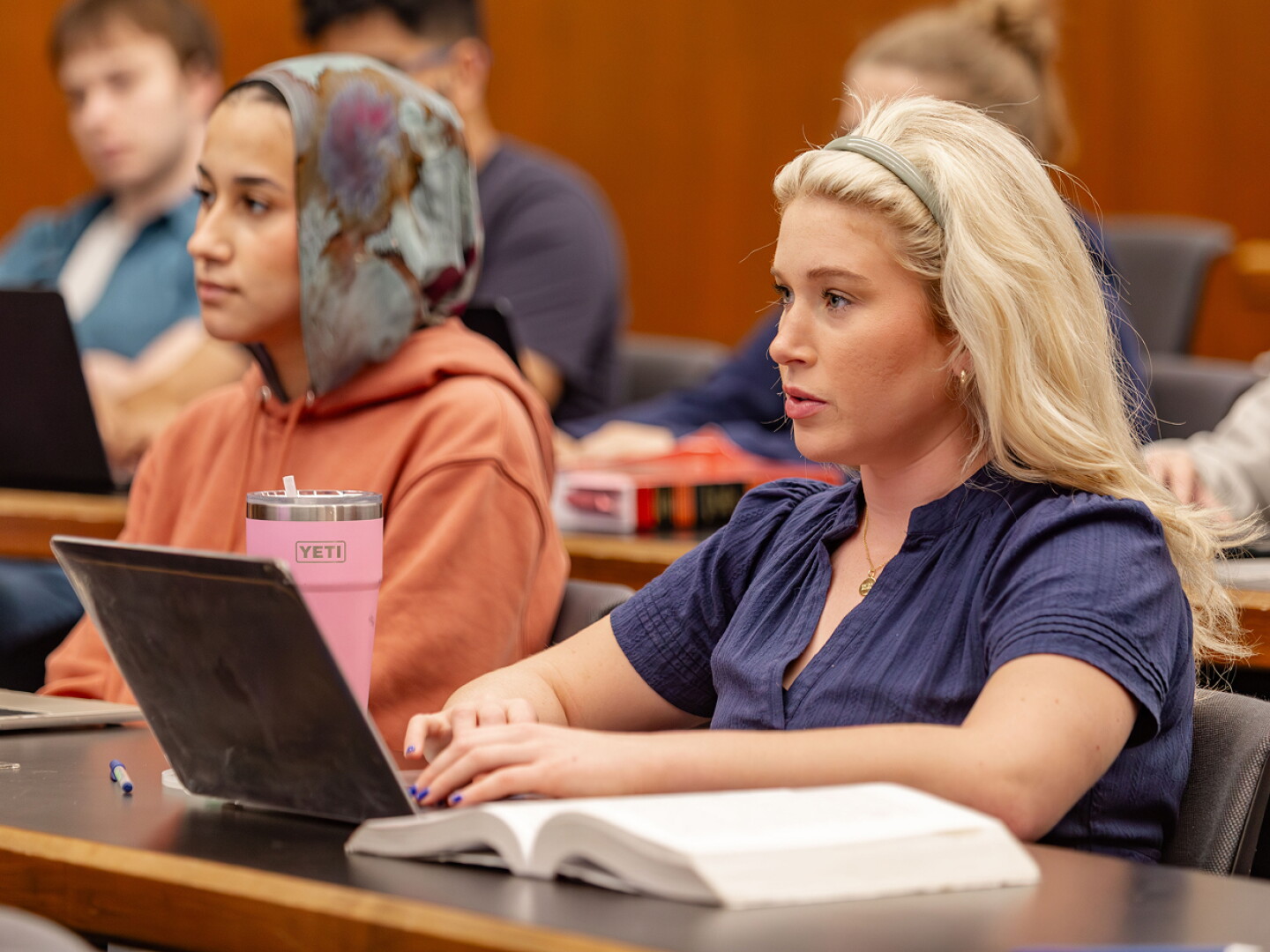 Two women in a University of Illinois Law classroom