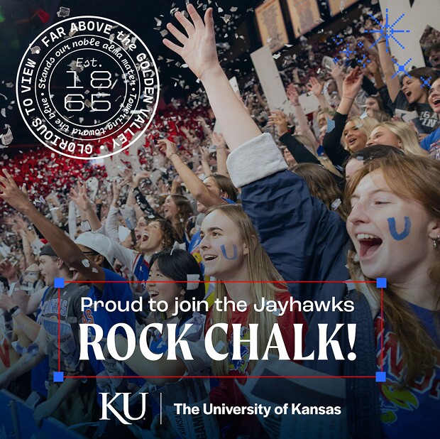Kansas Jayhawks fans cheering with arms raised as confetti falls in a crowded arena.