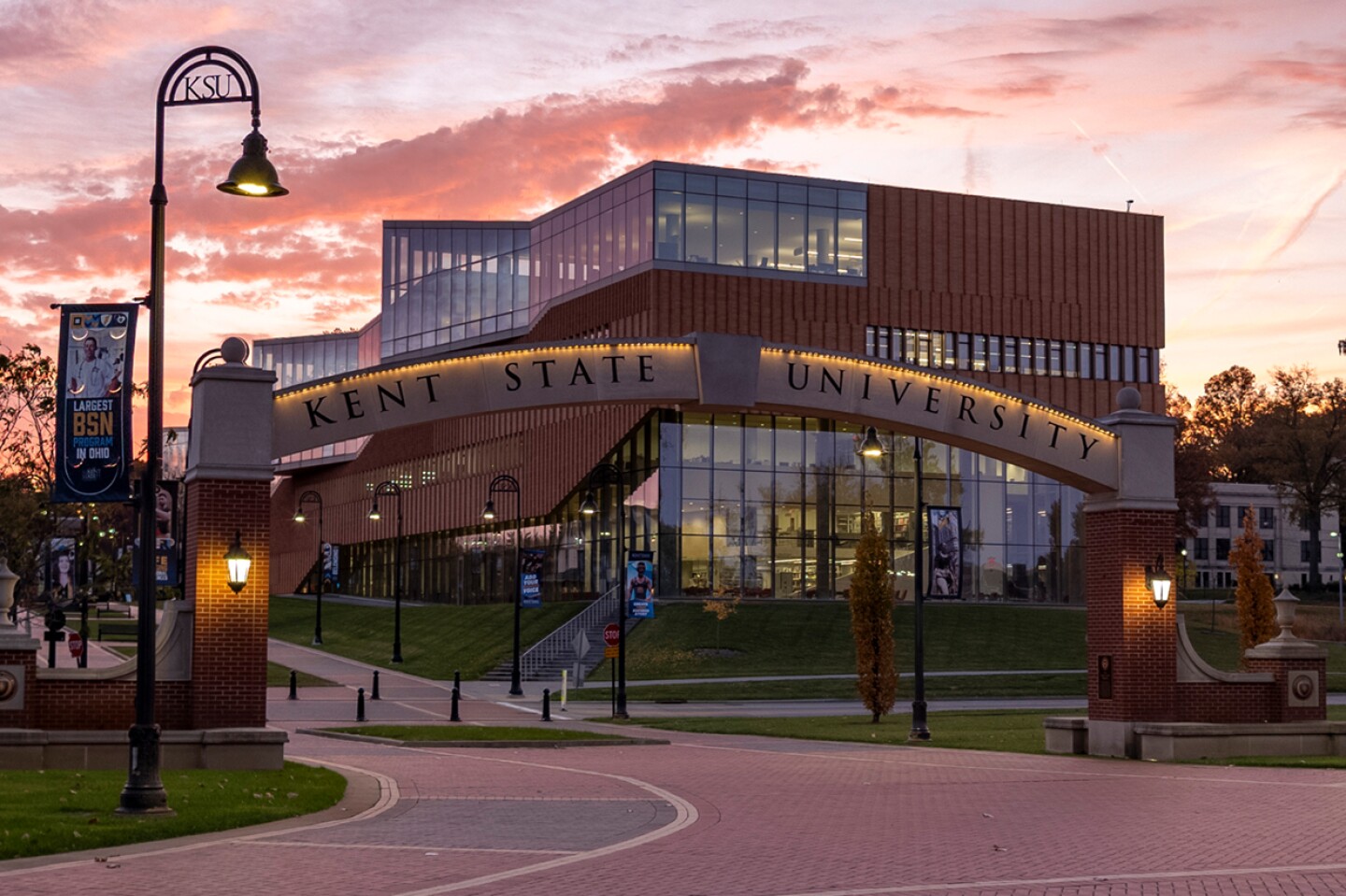 Kent State campus at sunset