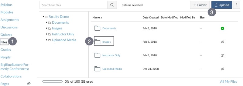 Annotated screenshot of the files area of Canvas with an images folder and the upload button highlighted
