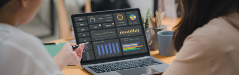 An accountant team are analyzing data charts, graphs, and a dashboard on a laptop screen in order to prepare a statistical report.