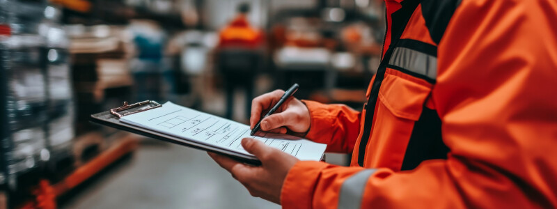 A man wearing a highlighter-orange jacket writes on a clipboard.
