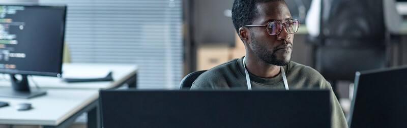 Man at computer accessing cybersecurity risk