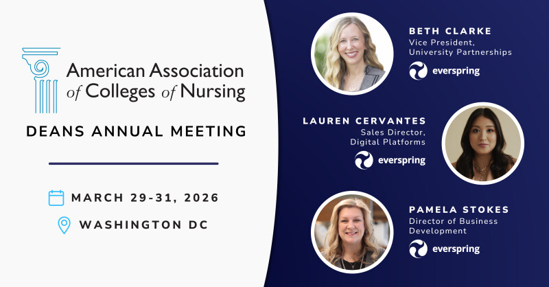 Graphic for AACN Deans Annual Meeting, March 29–31, 2026, Washington DC, featuring Everspring leaders Beth Clarke, Lauren Cervantes, and Pamela Stokes.