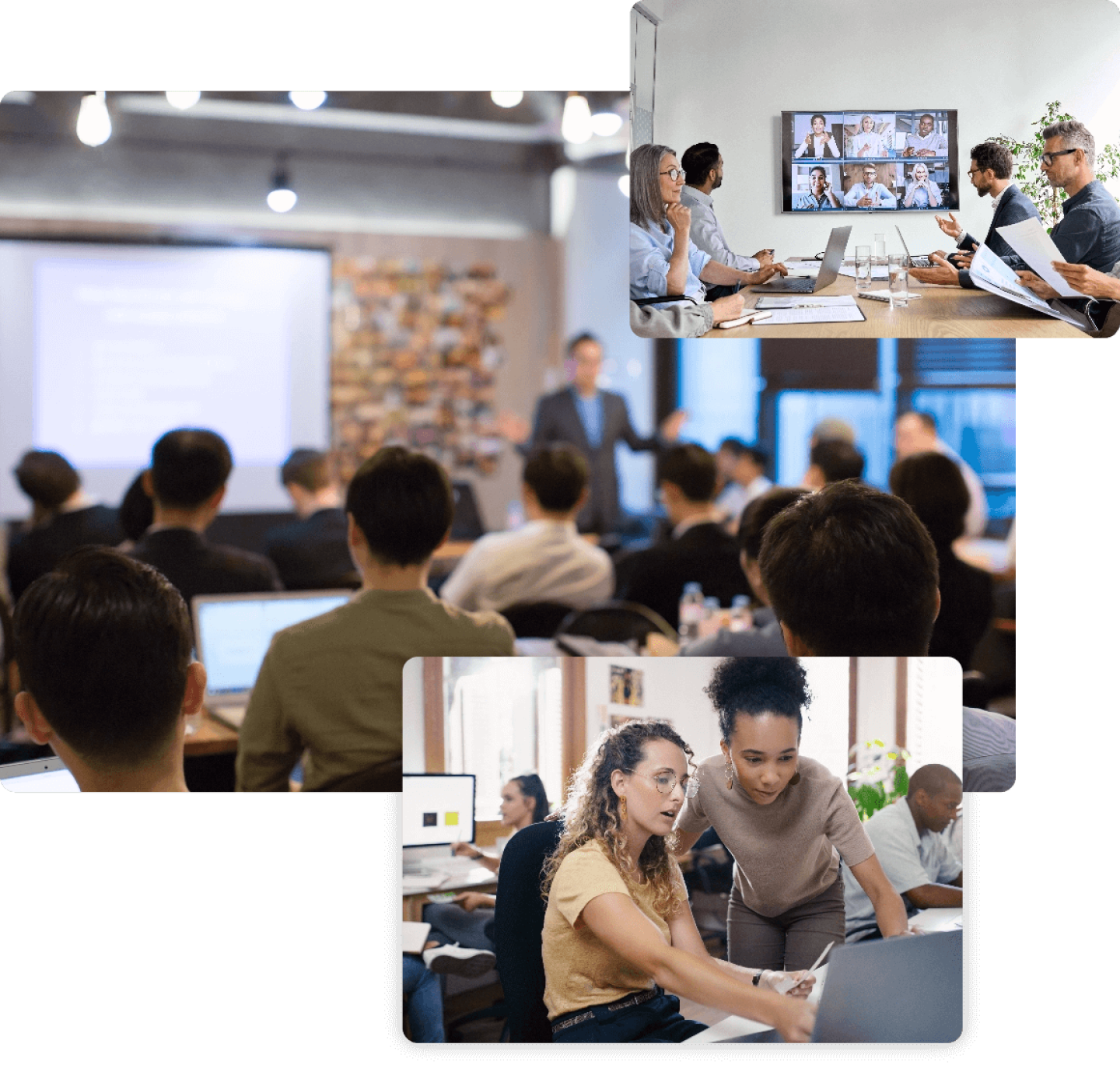 Students in virtual learning environment and classroom, and one on one with professor