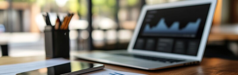 Close-up view of a desk setup with a smartphone, pens, and an open laptop displaying data analytics.