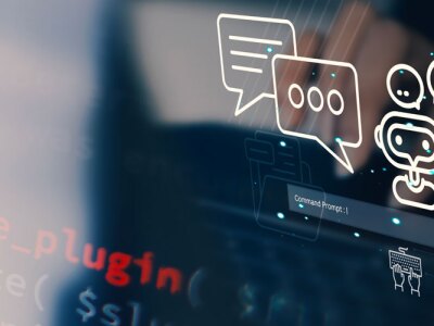 Computer programmer coding on laptop using AI Chat.