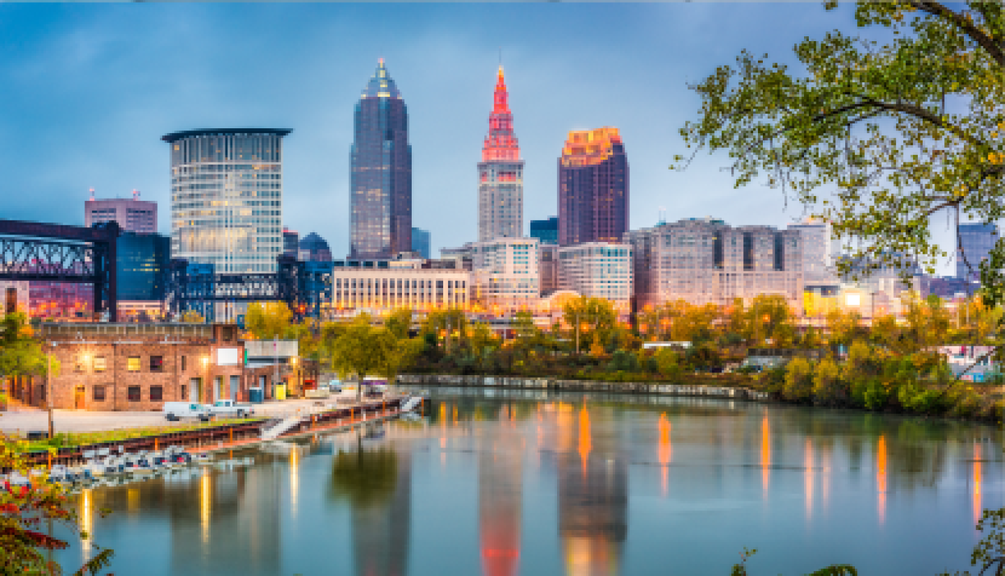 Waterfront scene of the Cleveland skyline.