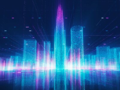 Digital skyline with a binary code particles network.