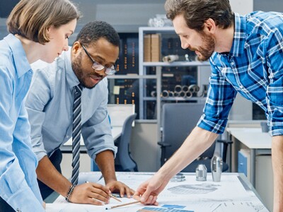 Female Designer Works with Industrial Engineer and Master Technician on product improvements