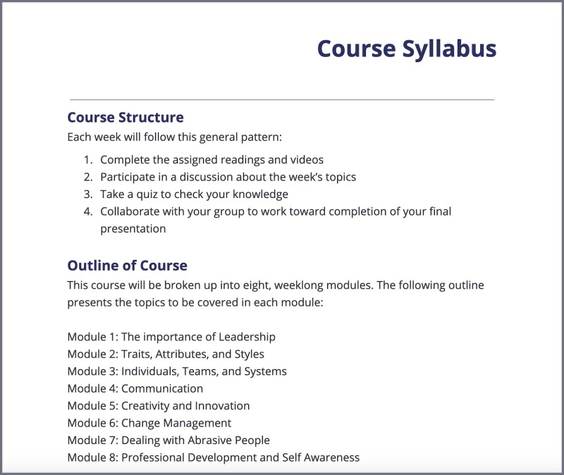 Example of syllabus structure.
