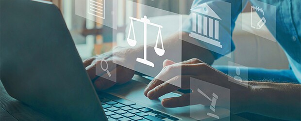 image of hands typing on a laptop with opaque images of legal scales, a gavel and a courthouse overlaying it.
