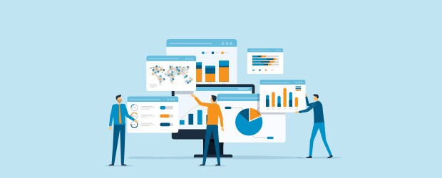 Business intelligence analyst dashboard on virtual screen. Big data Graphs Charts.