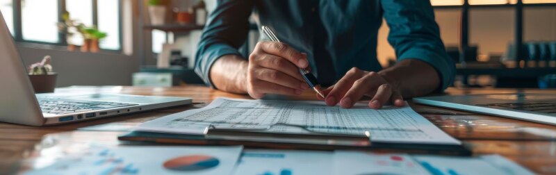 Corporate finance advisor reviewing company financial statements on a large desktop.