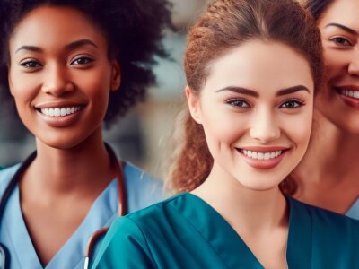 Portrait group of diverse female nurses standing together.