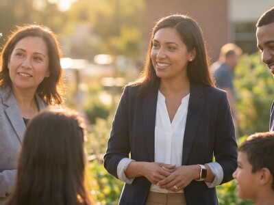 Professionals talk with a multigenerational family outside a community center