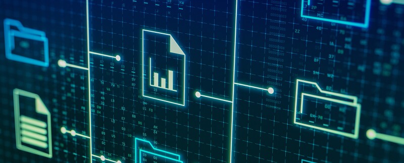 digital interface of a file manager, folder structure with documents and data scanning