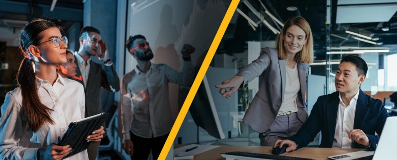 Data Analysts on the left looking at a large screen of data split with two Business Analysts taking at a work station