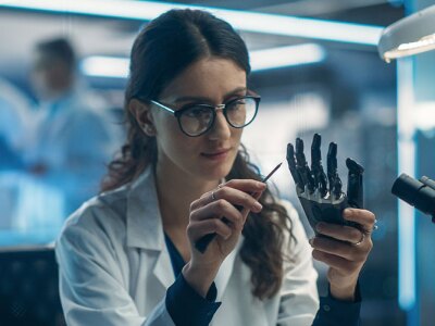 Biomedical engineer working on a robotic hand in a high-tech lab.