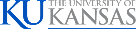 The University of Kansas logo featuring large blue “KU” initials and the university name in gray text with a blue underline.