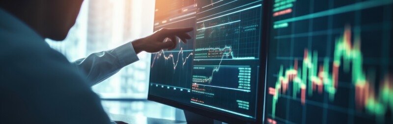 Professional points at charts on a sleek-looking computer screen.