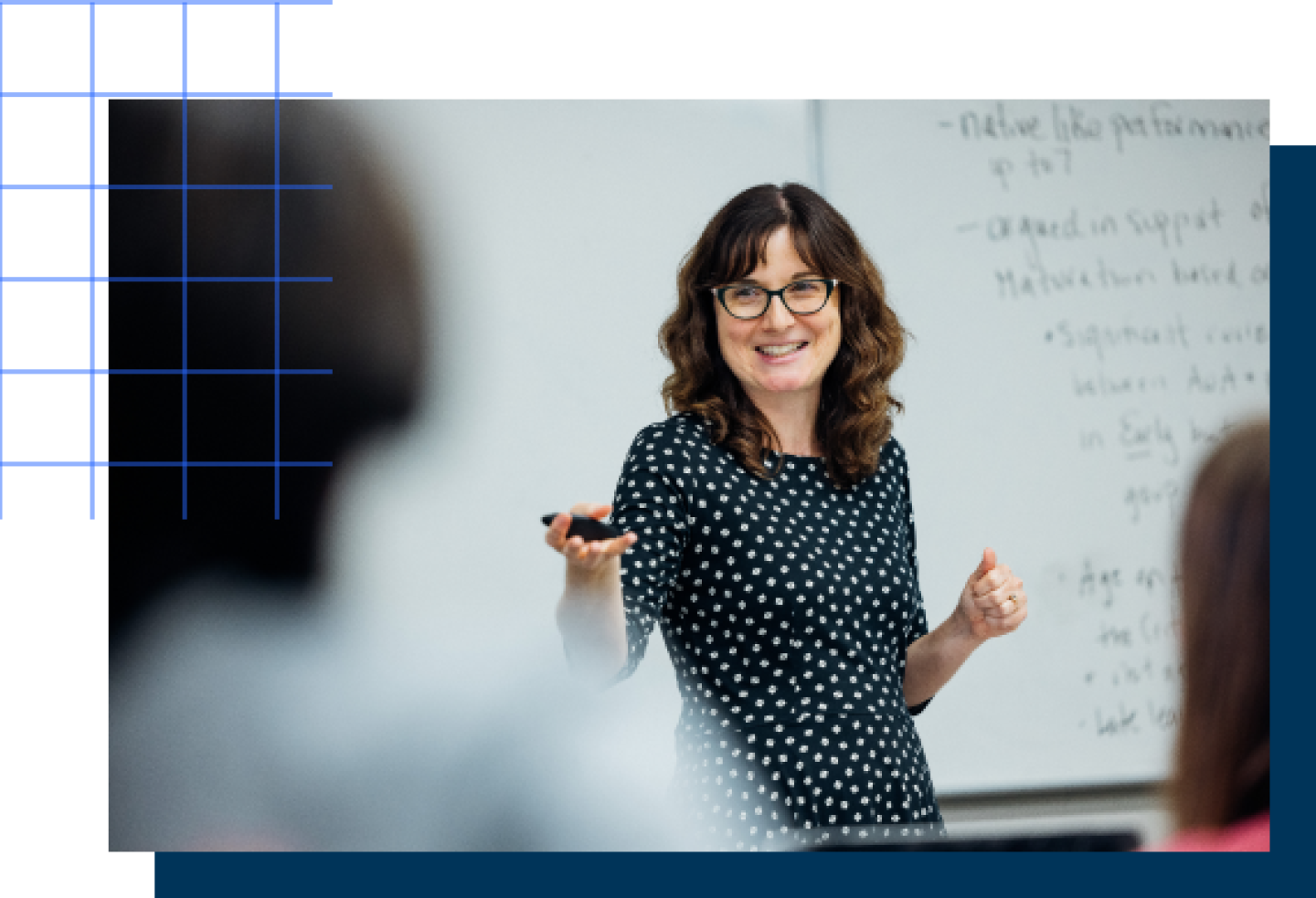 Close-up of a female KU professor addressing her class.