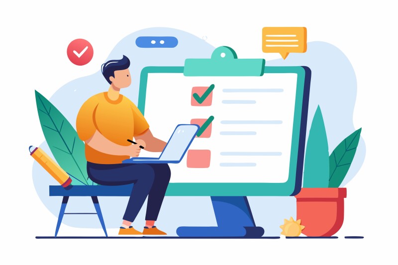 An instructor sitting in front of a computer screen displaying feedback