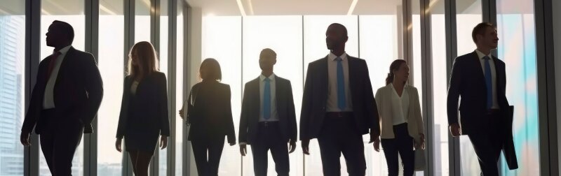 A group of business people walking side by side together in office with tall large windows.