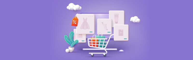 Images on a purple background show a shopping cart, shopping bags and items for sale