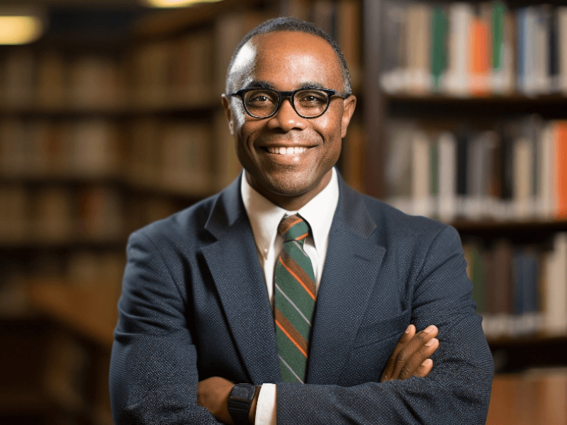 Exuding confidence and professionalism, an African American male, impeccably dressed in a suit and glasses, smiles confidently at the camera with his arms crossed.