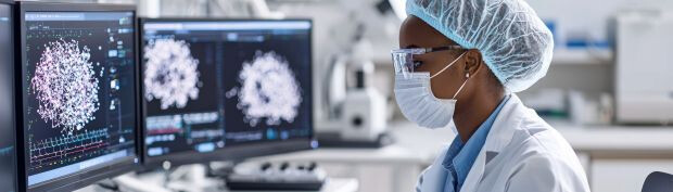 female scientist in a lab looking at viruses on a screen