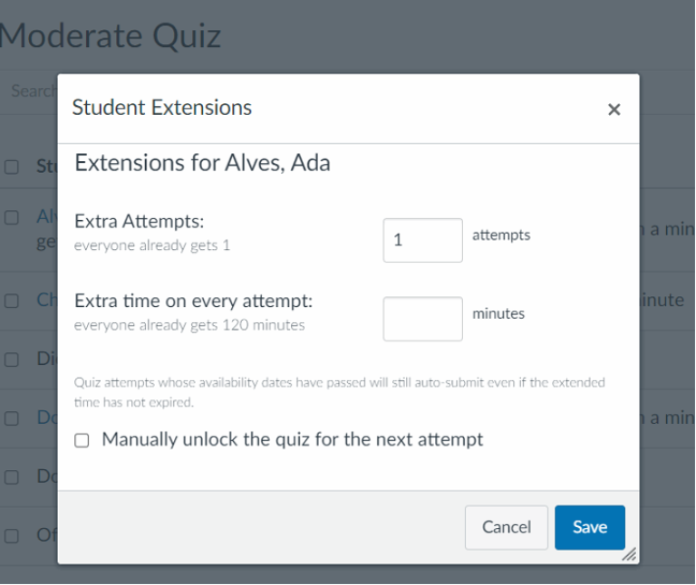 A screenshot of the options available in the extensions menu for a classic quiz