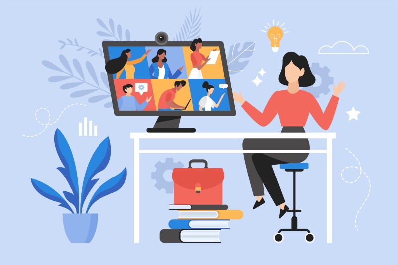 A person engaging with a group of students online