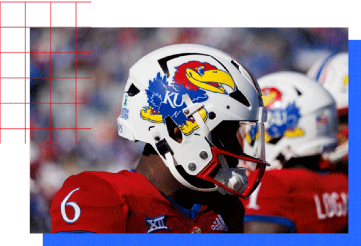Close-up of KU Jayhawk football player.