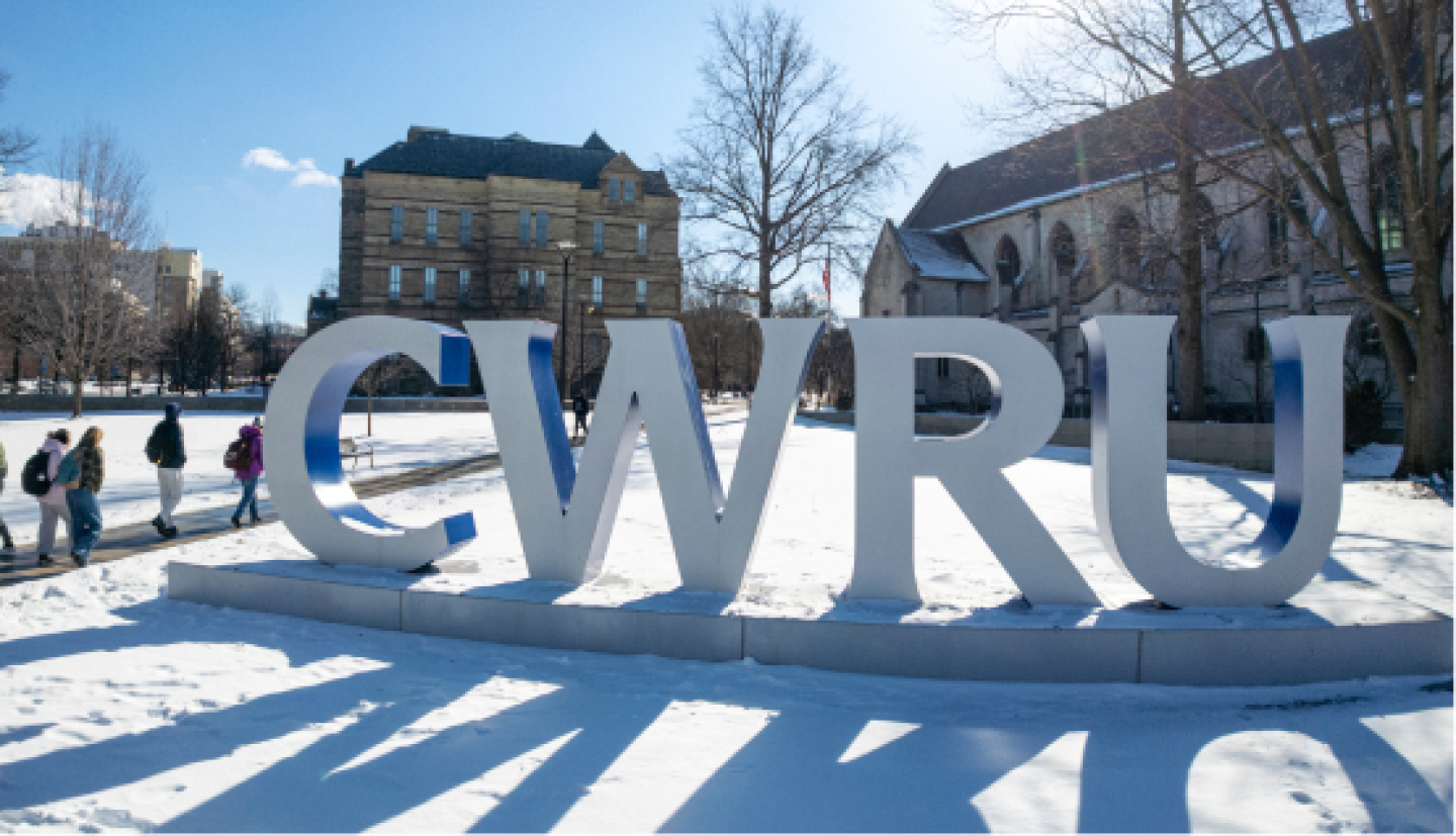 Close-up of the CWRU statue on the campus grounds during winter.